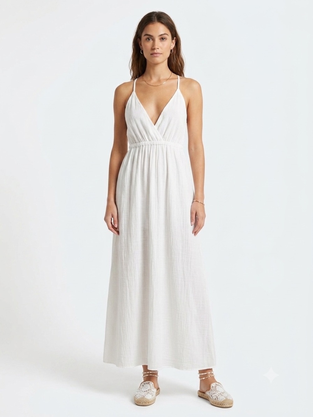 White Maxi Dress Women's XS Spaghetti Strap Flowy Summer Beach Boho Vacation